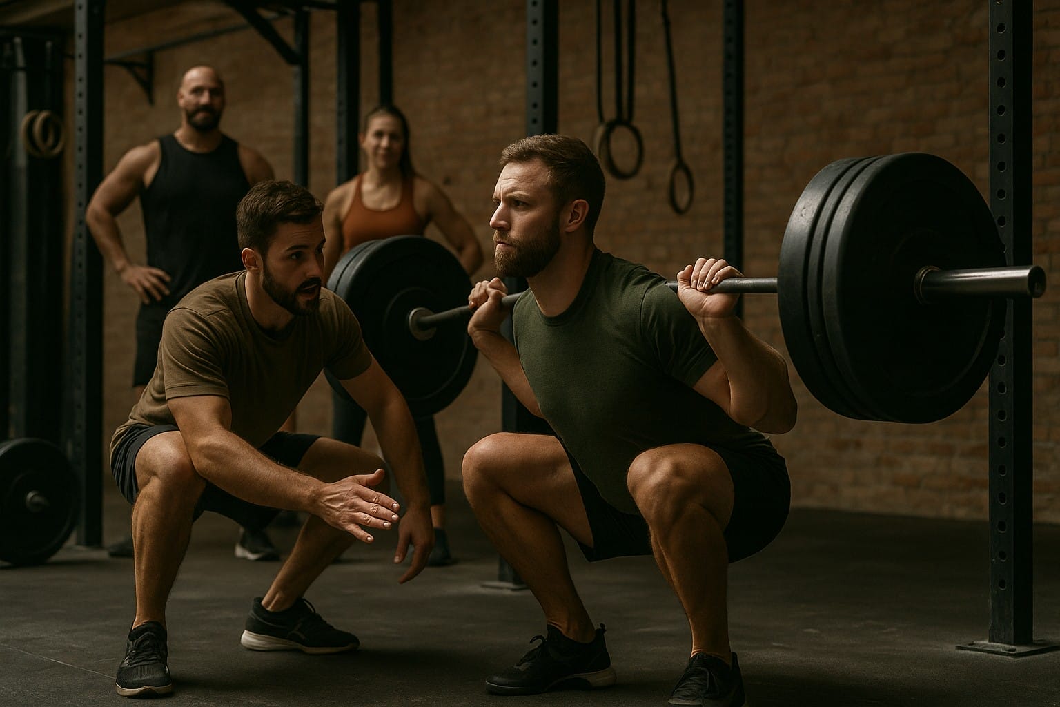Atleet traint onder begeleiding van coach in CrossFit-box met medesporters – focus op echte progressie, niet op snelle PR's