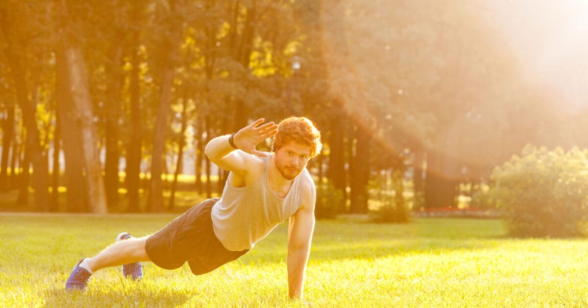 training one summer morning young adult bearded man looking camera doing